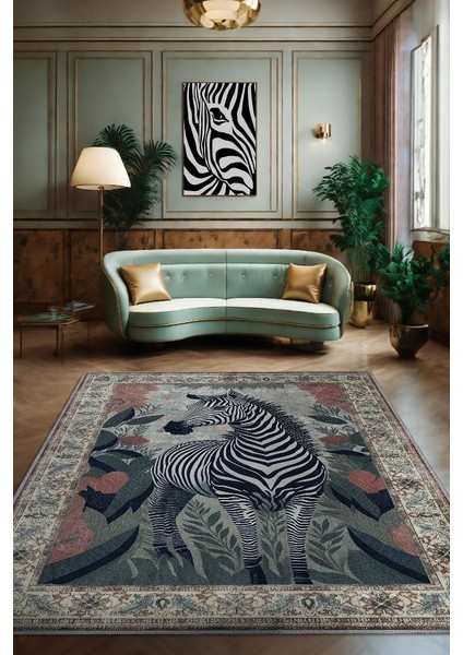 Nuh'un Gemisi Koleksiyonu Zebra, Çiçek Desenli Art Deco Tarzı Vintage Halı,Çok Renkli Maksimalist Halı