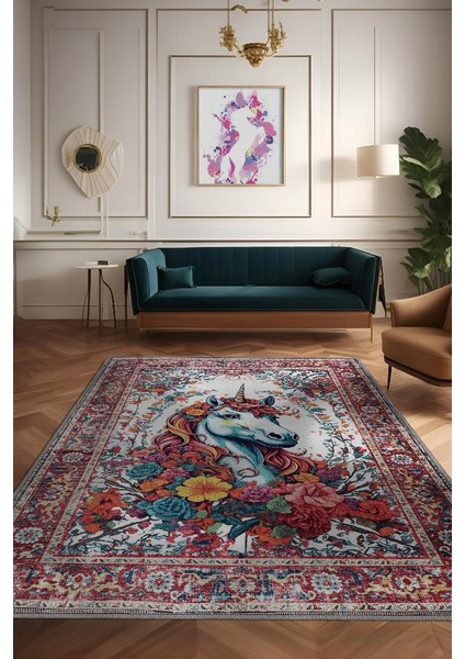 Nuh'un Gemisi Koleksiyonu Unicorn, Çiçek Desenli Art Deco Tarzı Vintage Halı,Çok Renkli Maksimalist Halı