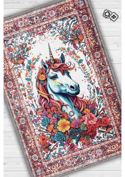 Nuh'un Gemisi Koleksiyonu Unicorn, Çiçek Desenli Art Deco Tarzı Vintage Halı,Çok Renkli Maksimalist Halı
