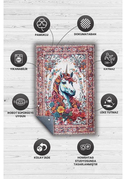 Nuh'un Gemisi Koleksiyonu Unicorn, Çiçek Desenli Art Deco Tarzı Vintage Halı,Çok Renkli Maksimalist Halı