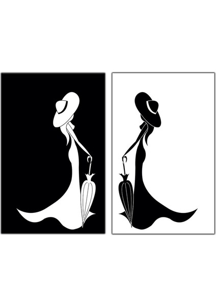Vektörel Siyah Beyaz Elbiseli Kadın Ikili Kanvas Tablo