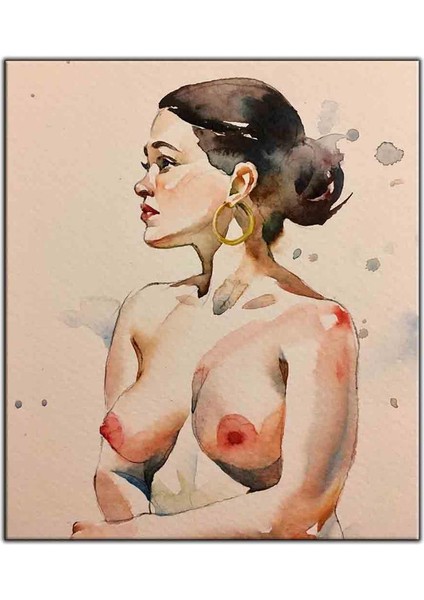 Altın Küpeli Kadın Nü Suluboya Görünümlü Kanvas Tablo