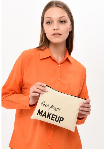 Clutch But First Makeup Baskılı Kanvas Makyaj Çantası fiyatları