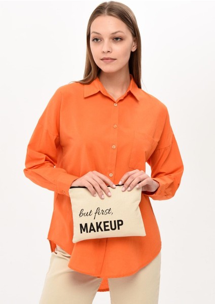 Clutch But First Makeup Baskılı Kanvas Makyaj Çantası modelleri