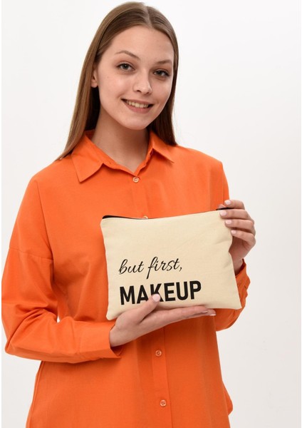 Clutch But First Makeup Baskılı Kanvas Makyaj Çantası indirimleri