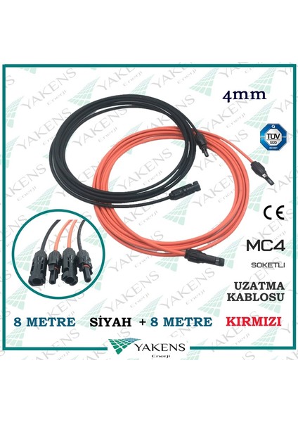 Yakens Enerji Güneş Paneli Uzatma Kablosu (8m+8m) 4 mm Çift Taraflı Mc4 Soketli Solar Ara Kablo Siyah Kırmızı