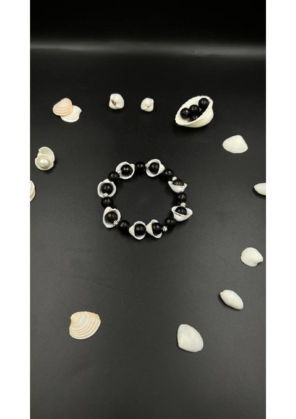 Doğal Obsidyen Taşlı Deniz Kabuklu 925 Ayar Gümüş Kadın Bileklik