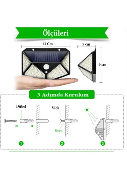 100 Ledli 4 Adet Solar Güneş Enerjili Hareket Sensörlü Bahçe Garaj Ev Aydınlatma Lambası