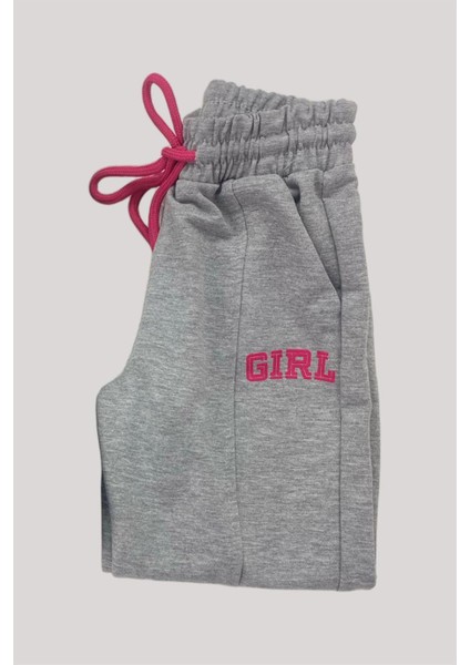 Kız Çocuk Girl Baskılı Biye Detaylı Eşofman Altı 25002 Gri modelleri