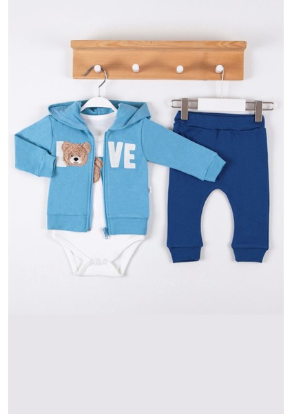 Love Bear Nakışlı % 100 Pamuk Hırkalı 3'lü Erkek Takım