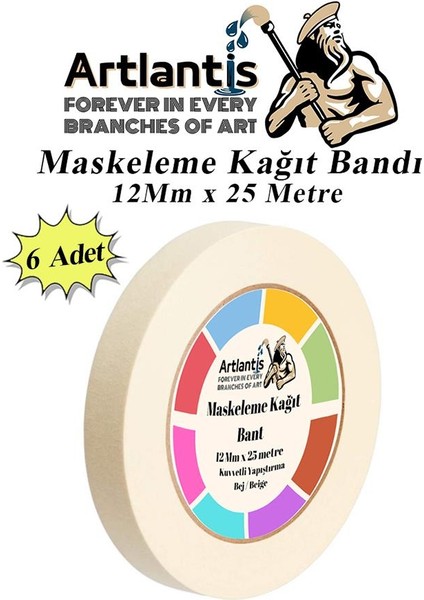 Maskeleme Bandı Kağıt Bant 12 mm 25 Metre 6 Adet Boya Bantı