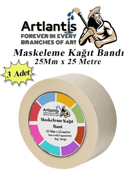 Maskeleme Bandı Kağıt Bant 25 mm 25 Metre 3 Adet Boya Bantı