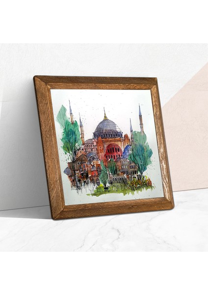 İstanbul Ayasofya Taş Duvar Tablosu Ahşap Çerçeveli Duvar Dekoru Wall Art 25x25cm W1-90