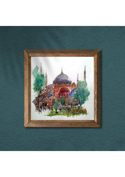 İstanbul Ayasofya Taş Duvar Tablosu Ahşap Çerçeveli Duvar Dekoru Wall Art 25x25cm W1-90