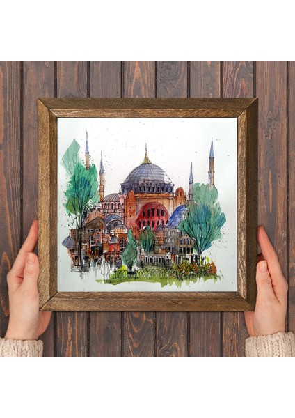 İstanbul Ayasofya Taş Duvar Tablosu Ahşap Çerçeveli Duvar Dekoru Wall Art 25x25cm W1-90