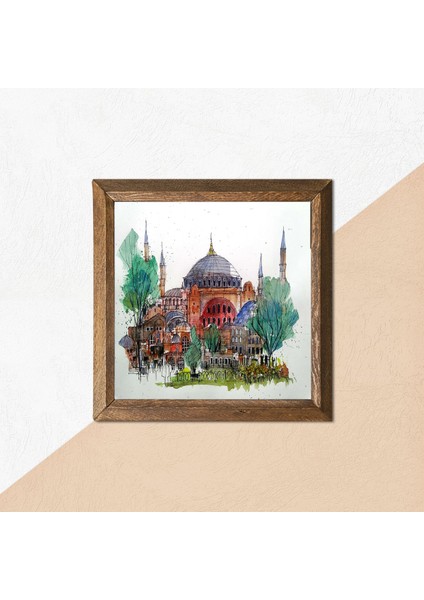 İstanbul Ayasofya Taş Duvar Tablosu Ahşap Çerçeveli Duvar Dekoru Wall Art 25x25cm W1-90