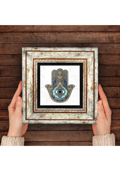 Fatma Ana Eli (Hamsa) Taş Duvar Tablosu Çerçeveli Duvar Dekoru Wall Art T1-01