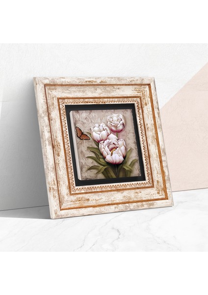 Kelebekli Çiçek Taş Duvar Tablosu Çerçeveli Duvar Dekoru Wall Art T1-14