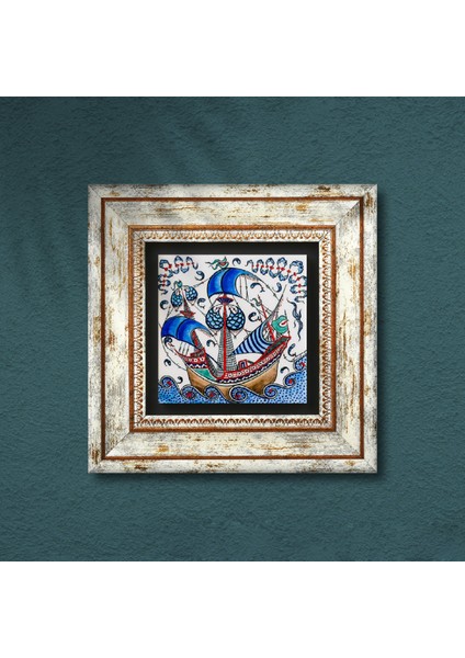 Çini Sanatı Yelkenli Gemi Taş Duvar Tablosu Çerçeveli Duvar Dekoru Wall Art