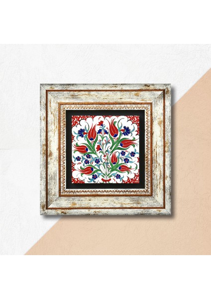 Çini Sanatı Lale Taş Duvar Tablosu Çerçeveli Duvar Dekoru Wall Art T1-186