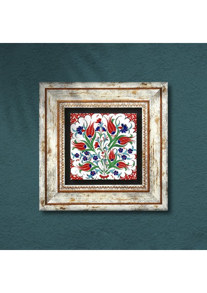 Çini Sanatı Lale Taş Duvar Tablosu Çerçeveli Duvar Dekoru Wall Art T1-186