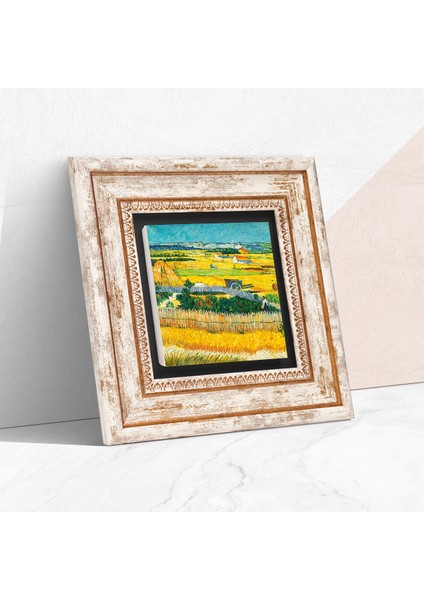 Van Gogh Mavi Arabalı Hasat Manzarası Taş Duvar Tablosu Çerçeveli Duvar Dekoru Wall Art T1-294