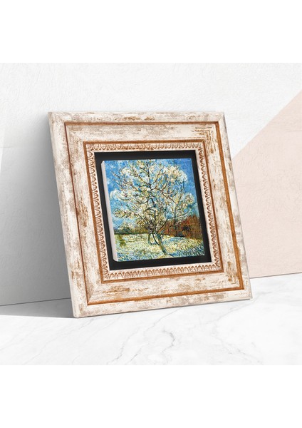 Van Gogh Çiçeklenen Pembe Şeftali Ağacı Taş Duvar Tablosu Çerçeveli Duvar Dekoru Wall Art T1-296