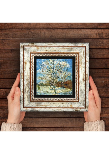 Van Gogh Çiçeklenen Pembe Şeftali Ağacı Taş Duvar Tablosu Çerçeveli Duvar Dekoru Wall Art T1-296 fırsatları