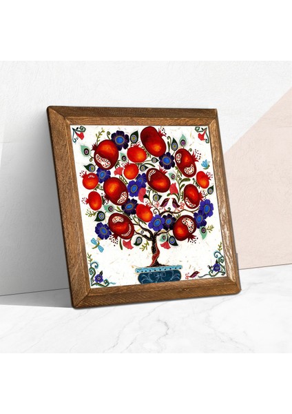Nar Ağacı Taş Duvar Tablosu Ahşap Çerçeveli Duvar Dekoru Wall Art 25x25cm W1-03