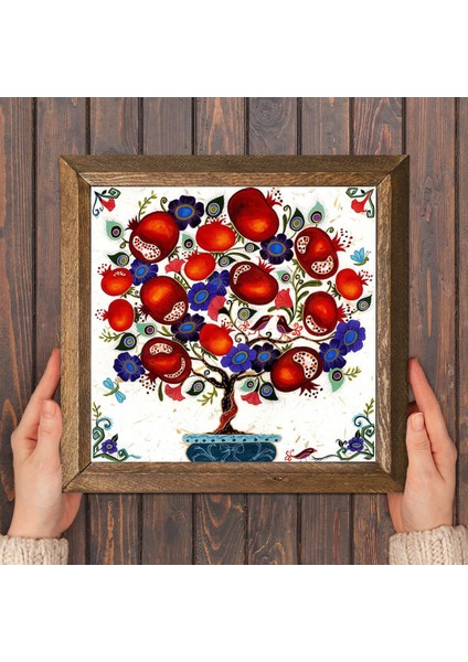 Nar Ağacı Taş Duvar Tablosu Ahşap Çerçeveli Duvar Dekoru Wall Art 25x25cm W1-03