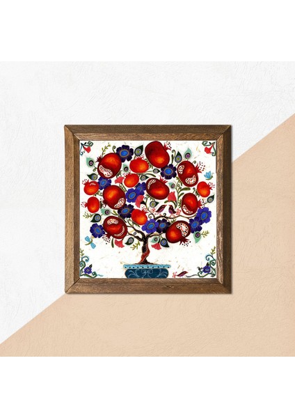Nar Ağacı Taş Duvar Tablosu Ahşap Çerçeveli Duvar Dekoru Wall Art 25x25cm W1-03