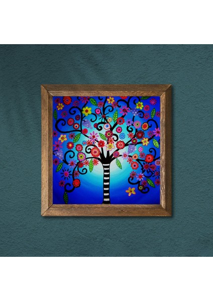 Hayat Ağacı Taş Duvar Tablosu Ahşap Çerçeveli Duvar Dekoru Wall Art 25x25cm W1-108