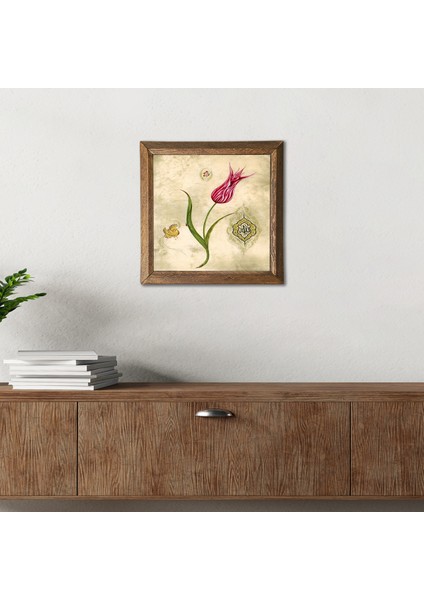 Lale Ebru Sanatı Taş Duvar Tablosu Ahşap Çerçeveli Duvar Dekoru Wall Art 25x25cm W1-134