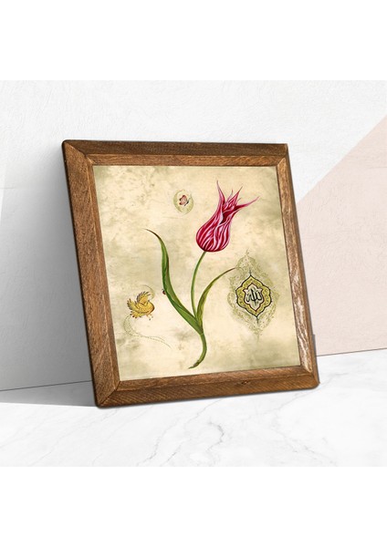 Lale Ebru Sanatı Taş Duvar Tablosu Ahşap Çerçeveli Duvar Dekoru Wall Art 25x25cm W1-134