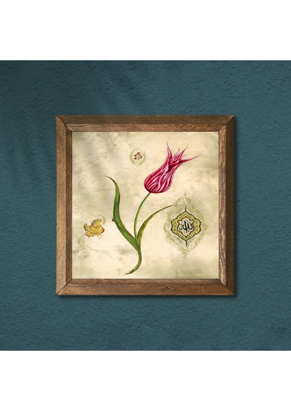 Lale Ebru Sanatı Taş Duvar Tablosu Ahşap Çerçeveli Duvar Dekoru Wall Art 25x25cm W1-134