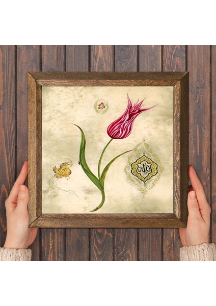 Lale Ebru Sanatı Taş Duvar Tablosu Ahşap Çerçeveli Duvar Dekoru Wall Art 25x25cm W1-134
