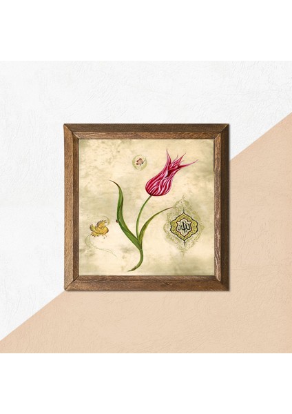Lale Ebru Sanatı Taş Duvar Tablosu Ahşap Çerçeveli Duvar Dekoru Wall Art 25x25cm W1-134