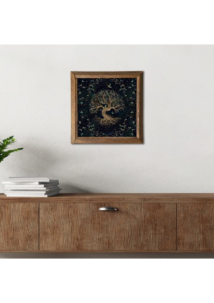 Hayat Ağacı Taş Duvar Tablosu Ahşap Çerçeveli Duvar Dekoru Wall Art 25x25cm W1-141