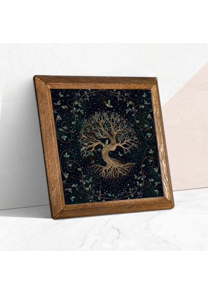 Hayat Ağacı Taş Duvar Tablosu Ahşap Çerçeveli Duvar Dekoru Wall Art 25x25cm W1-141