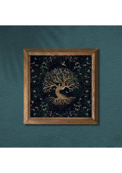Hayat Ağacı Taş Duvar Tablosu Ahşap Çerçeveli Duvar Dekoru Wall Art 25x25cm W1-141