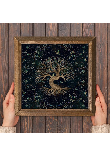 Hayat Ağacı Taş Duvar Tablosu Ahşap Çerçeveli Duvar Dekoru Wall Art 25x25cm W1-141