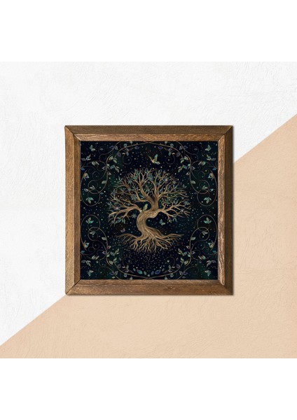 Hayat Ağacı Taş Duvar Tablosu Ahşap Çerçeveli Duvar Dekoru Wall Art 25x25cm W1-141