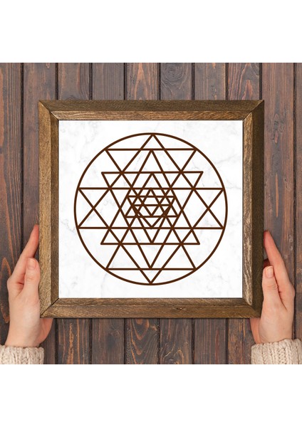 Sri Yantra Taş Duvar Tablosu Ahşap Çerçeveli Duvar Dekoru Wall Art 25x25cm W1-175