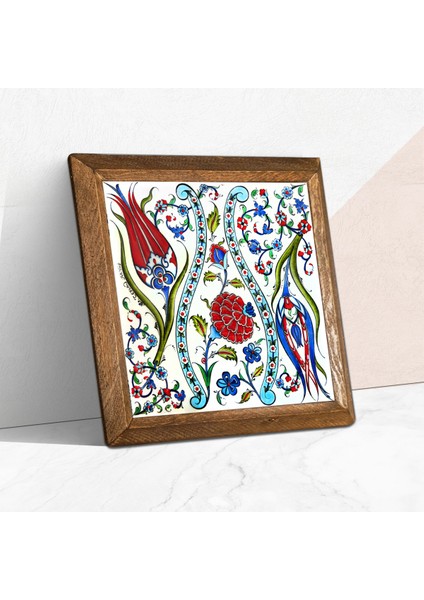 Çini Sanatı Lale Taş Duvar Tablosu Ahşap Çerçeveli Duvar Dekoru Wall Art 25x25cm W1-185
