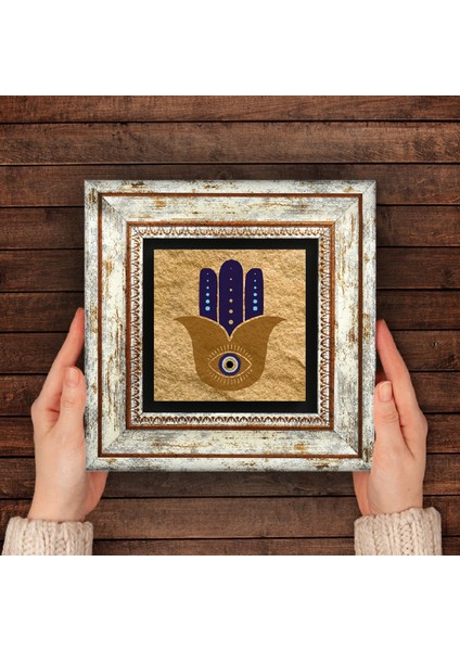Fatma Ana Eli (Hamsa) Nazar Taş Duvar Tablosu Çerçeveli Duvar Dekoru Wall Art T1-360