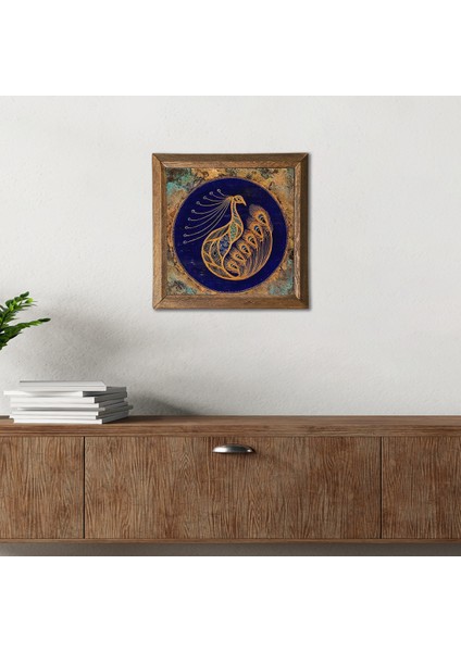 Tavus Kuşu Taş Duvar Tablosu Ahşap Çerçeveli Duvar Dekoru Wall Art 25x25cm W1-188