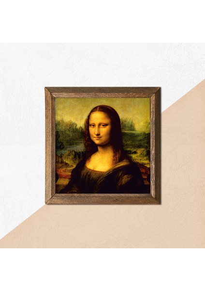 Leonardo da Vinci Mona Lisa Taş Duvar Tablosu Ahşap Çerçeveli Duvar Dekoru Wall Art 25x25cm W1-19