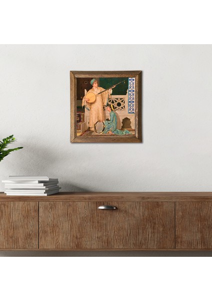 İki Müzisyen Kız Tablosu Taş Duvar Tablosu Ahşap Çerçeveli Duvar Dekoru Wall Art 25x25cm W1-21