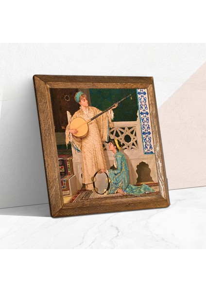 İki Müzisyen Kız Tablosu Taş Duvar Tablosu Ahşap Çerçeveli Duvar Dekoru Wall Art 25x25cm W1-21