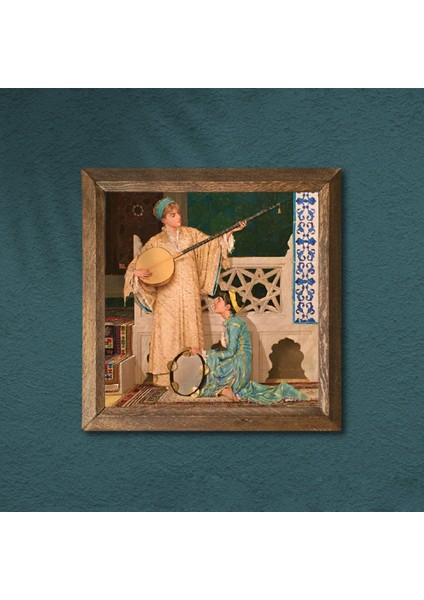 İki Müzisyen Kız Tablosu Taş Duvar Tablosu Ahşap Çerçeveli Duvar Dekoru Wall Art 25x25cm W1-21